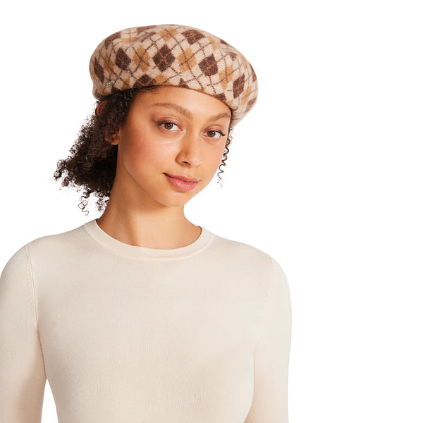 ARGYLE KNIT BERET W. LOGO PLATE TAN